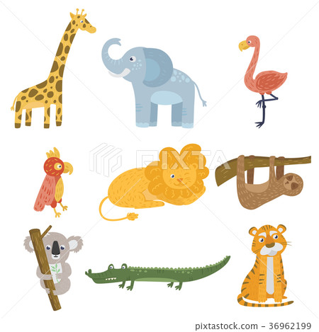 Colored set of animal and birds. Giraffe, elephant Colored set of animal and birds. Giraffe, elephant 36962199