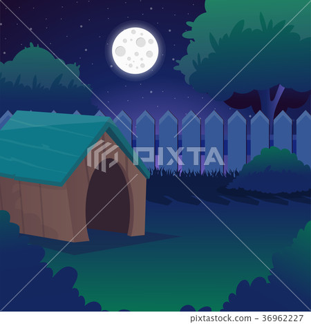 Cartoon night landscape with starry sky, full moon 36962227