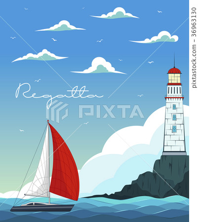 Blue sea with yacht and lighthouse. Blue sea with yacht and lighthouse. 36963130