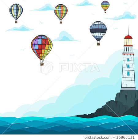 Blue sea with hot air balloons and lighthouse. Blue sea with hot air balloons and lighthouse. 36963131