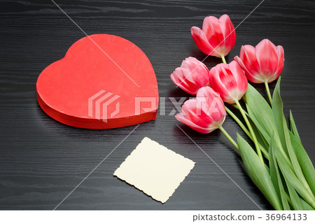 Red box in heart shape, clean card, pink tulips Red box in heart shape, clean card, pink tulips 36964133
