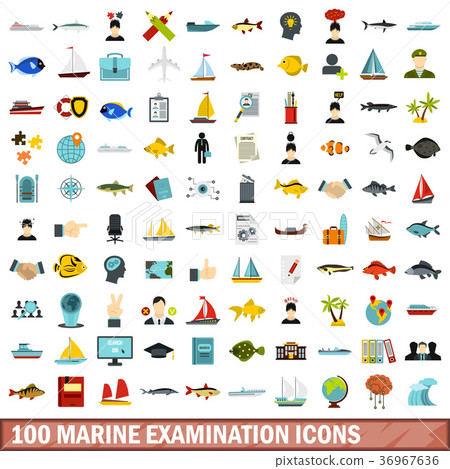 100 marine examination icons set, flat style 36967636