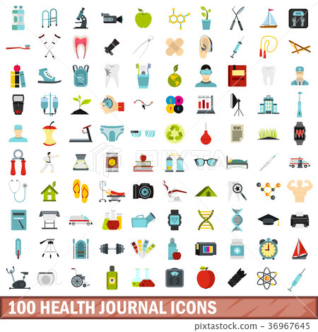 100 health journal icons set, flat style 36967645