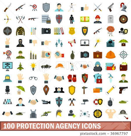 100 protection agency icons set, flat style 100 protection agency icons set, flat style 36967797