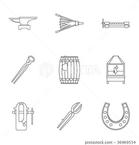 Blacksmith equipment icon set, outline style Blacksmith equipment icon set, outline style 36969554