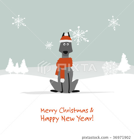 Christmas card, santa dog in forest. Symbol of 36971902