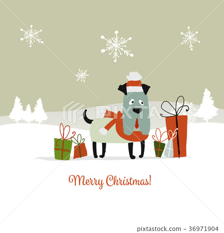 Christmas card, santa dog with gifts. Symbol of 36971904