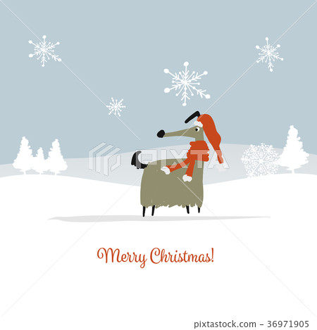 Christmas card, santa dog in forest. Symbol of 36971905