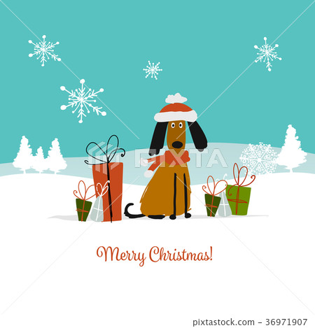 Christmas card, santa dog with gifts. Symbol of Christmas card, santa dog with gifts. Symbol of 36971907