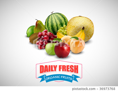 Fresh fruits with blue ribbon on a white backgroun Fresh fruits with blue ribbon on a white backgroun 36973768