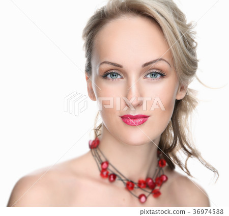 Beautiful girl on a white background with red lips Beautiful girl on a white background with red lips 36974588