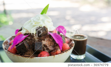 Brownie and watermelon Bingsu dessert. 36974779