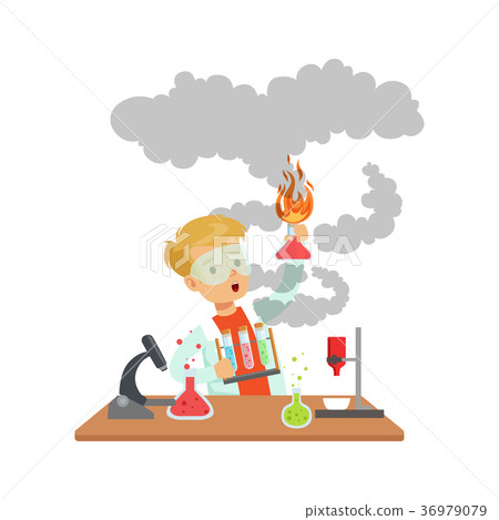 Scientist boy looking dirty holding an exploding 36979079