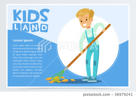 Boy raking fall leaves in garden, eco concept Boy raking fall leaves in garden, eco concept 36979241