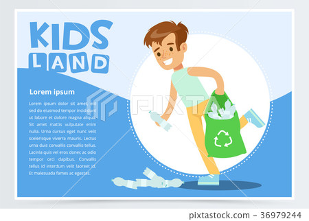 Smiling boy gathering plastic waste for recycling 36979244