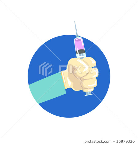 Hand holding syringe, symbol of the profession of 36979320