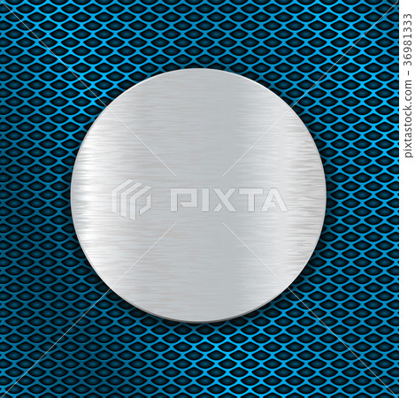 Round metal brushed plate on blue perforated Round metal brushed plate on blue perforated 36981333