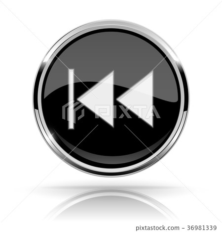 Black round media button. REWIND button. Shiny 36981339