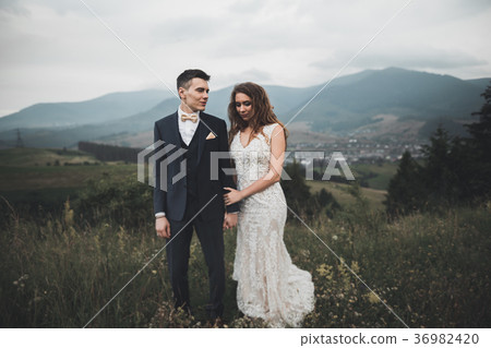 Beautifull wedding couple kissing and embracing 36982420