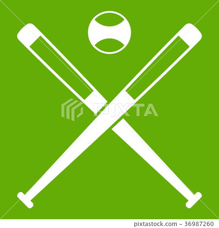 Crossed baseball bats and ball icon green 36987260