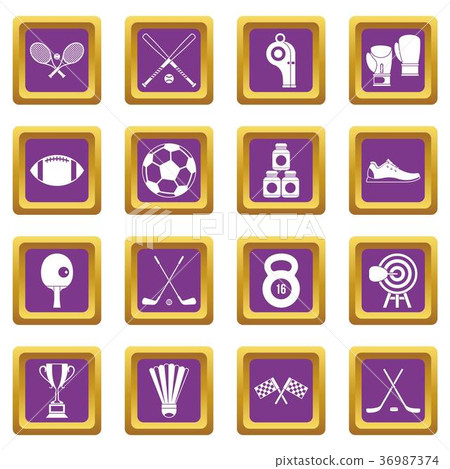 Sport equipment icons set purple Sport equipment icons set purple 36987374