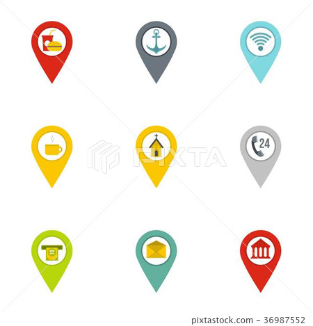 Travel pins icon set, flat style 36987552
