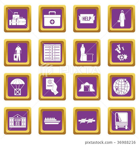 Refugees problem icons set purple 36988216