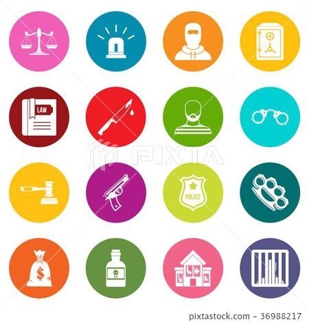 Crime and punishment icons many colors set 36988217