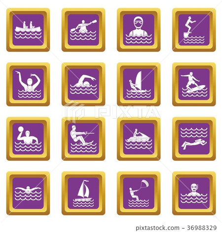 Water sport icons set purple Water sport icons set purple 36988329