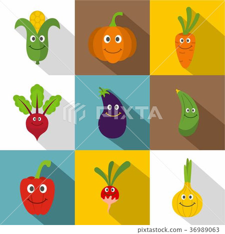 Funny vegetables icons set, flat style Funny vegetables icons set, flat style 36989063