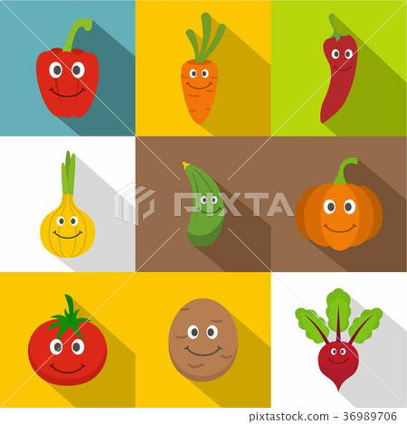 Smiling vegetables icons set, flat style 36989706