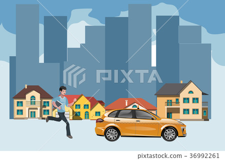 Businessman in a hurry for the departing taxi Businessman in a hurry for the departing taxi 36992261
