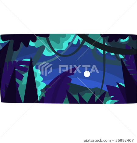 Tropical jungle with wood silhouettes and moon Tropical jungle with wood silhouettes and moon 36992407