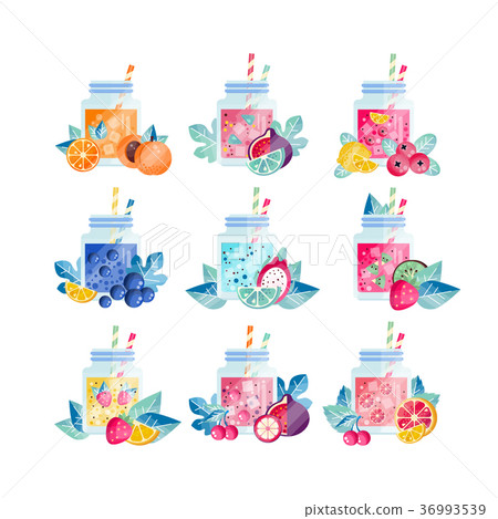 Glass jars with sweet drinks of different flavors 36993539