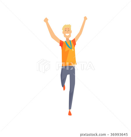 Joyful man character running with hands up 36993645