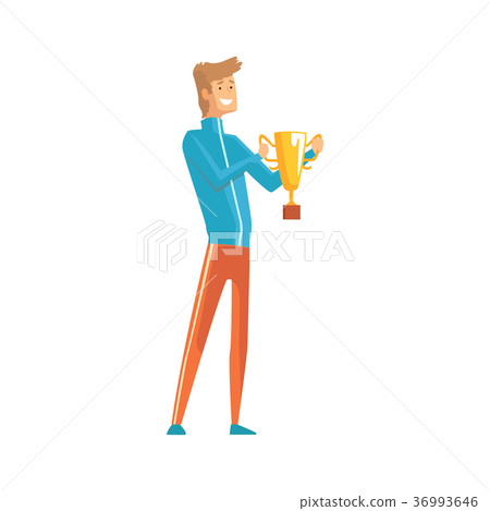 Handsome young sportsman holding winner trophy 36993646