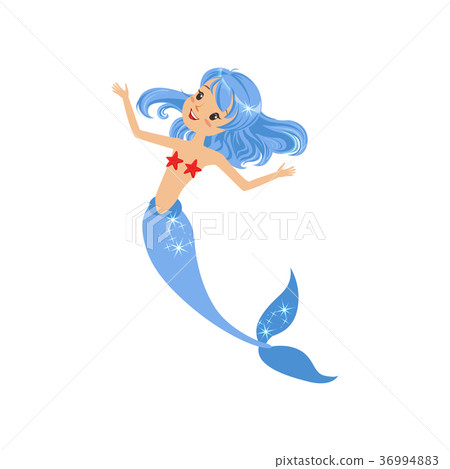 Happy mermaid with blue hair, fish tail and red Happy mermaid with blue hair, fish tail and red 36994883