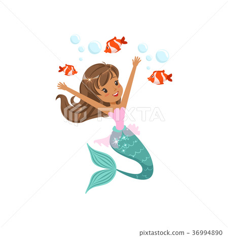 Happy mermaid girl swimming underwater with little 36994890