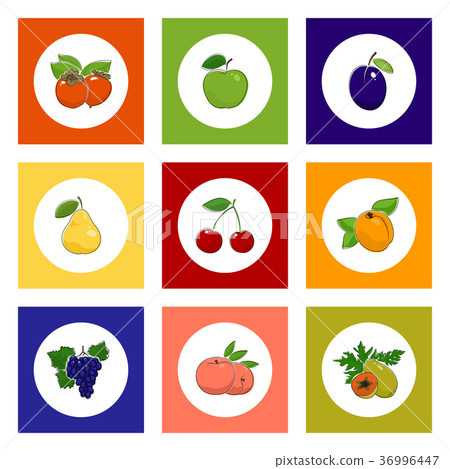 Round Fruit and Berry Icons on Colorful Background Round Fruit and Berry Icons on Colorful Background 36996447
