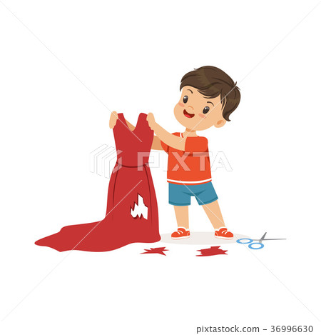 Cute little bully boy cutting red mothers dress Cute little bully boy cutting red mothers dress 36996630