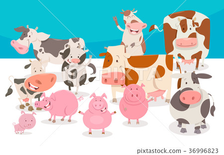 圖庫插圖: cute comic farm animal characters group