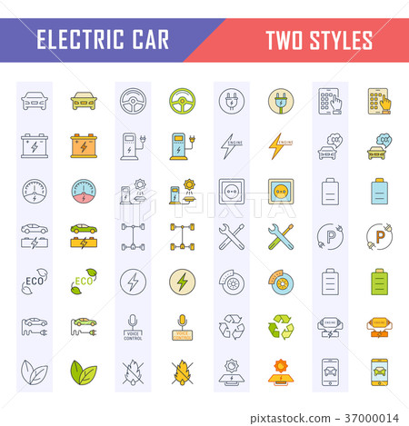 Set Vector Flat Line Icons Electric Cars Set Vector Flat Line Icons Electric Cars 37000014