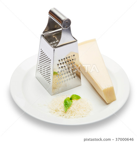 a piece of Parmesan and grated cheese on white a piece of Parmesan and grated cheese on white 37000646