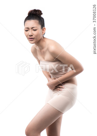 asian woman having stomachache on white background asian woman having stomachache on white background 37008126