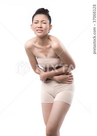 asian woman having stomachache on white background asian woman having stomachache on white background 37008128