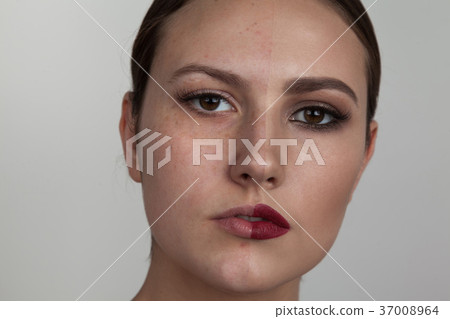 Woman with make-up on one side of the face and Woman with make-up on one side of the face and 37008964