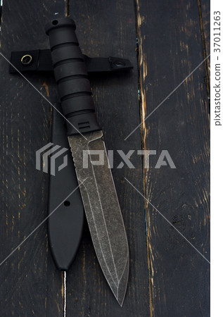 A large military knife with a plastic case. A large military knife with a plastic case. 37011263