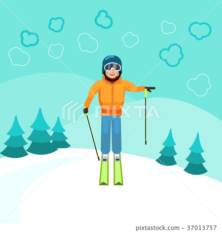 Skier standing on top of a mountain. 37013757
