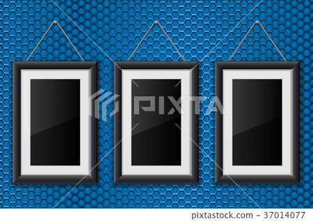 Black frames hanging on the wall. On blue Black frames hanging on the wall. On blue 37014077
