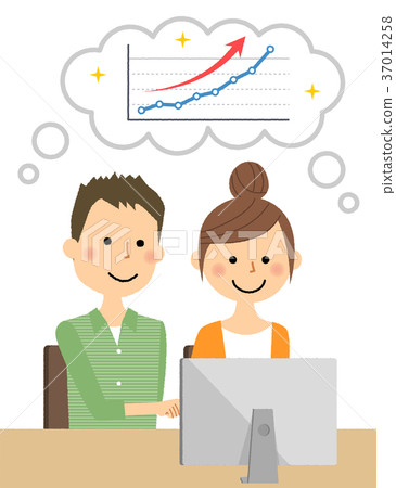 Young couple imagining a graph going up right Young couple imagining a graph going up right 37014258